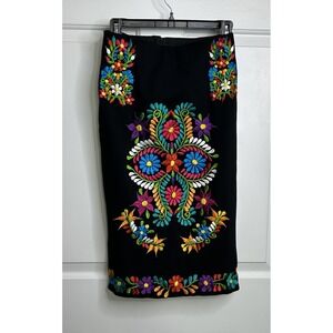 Solei Rebeca Midi Skirt Womens Small Black + Multicolored Embroidered Floral NEW